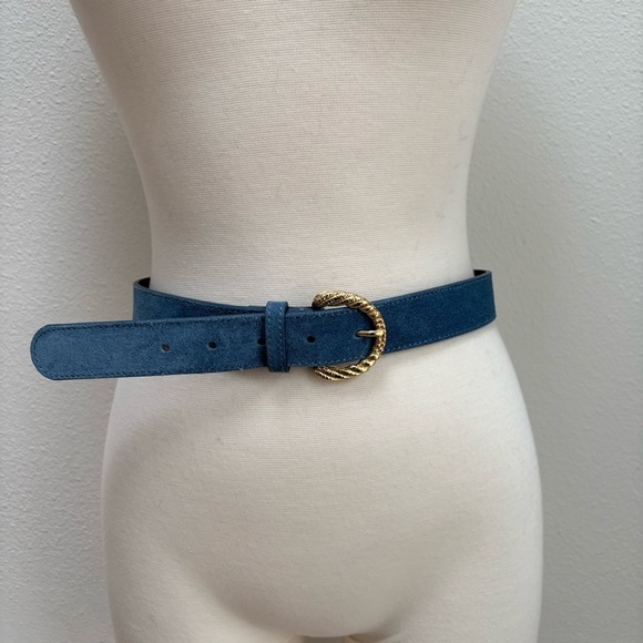 Sezane Thelma Suede Belt Round Buckle Statement Leather Denim Blue Gold 75 cm